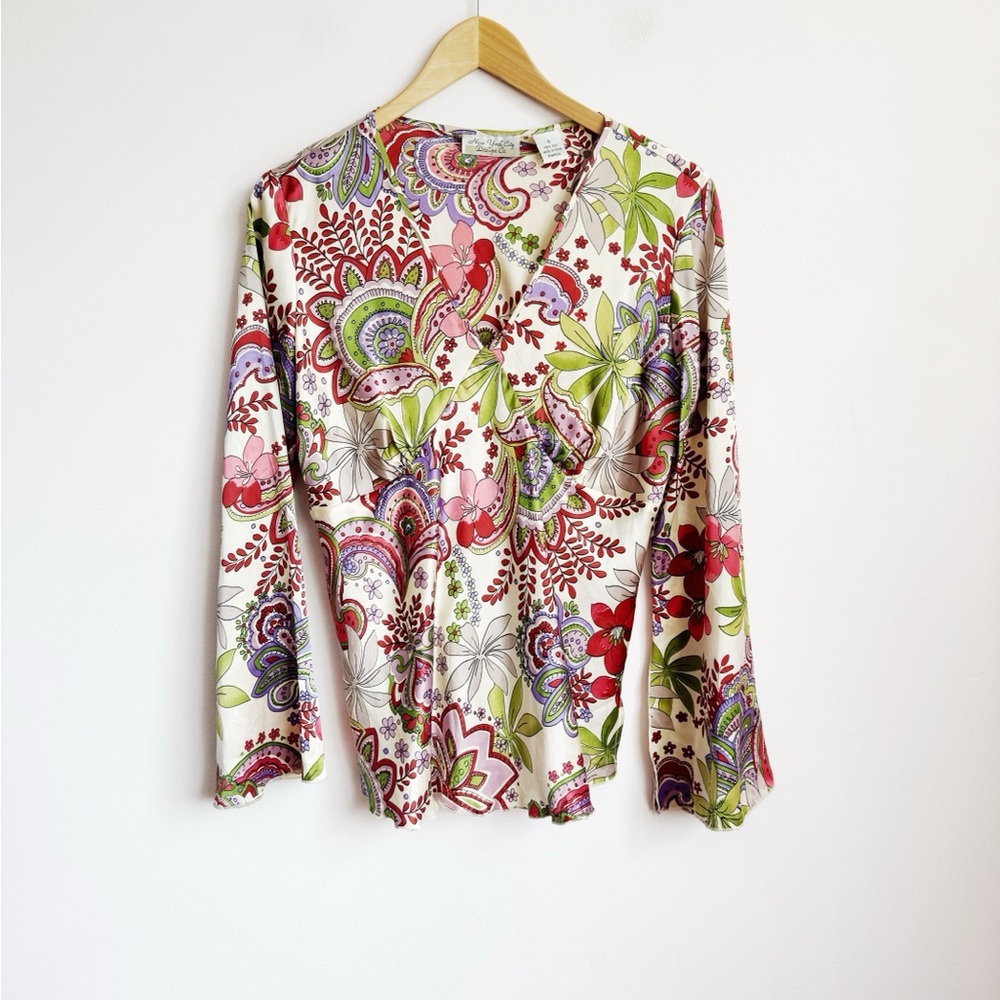 100% Silk Long Sleeve V-Neck Blouse with Flared Sleeves